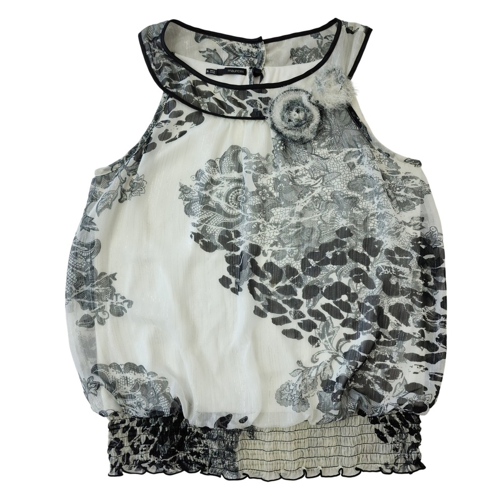 Maurices Black White Floral Animal Print Smocked Hem Blouse XL Rosette Accent